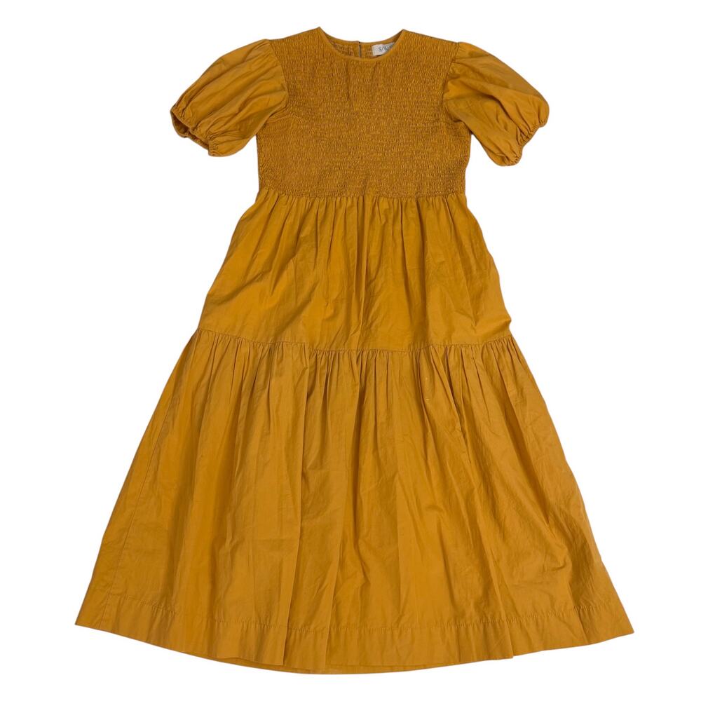 S/W/F Anthropologie Midi Dress Orange Cotton Smocked Bust Puff Sleeve Medium - Picture 3 of 7